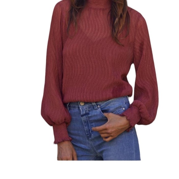 BY TOGETHER Sheer Chiffon Ruffle Mock Neck Long Sleeve Deep Orange Top Size S - Picture 1 of 14